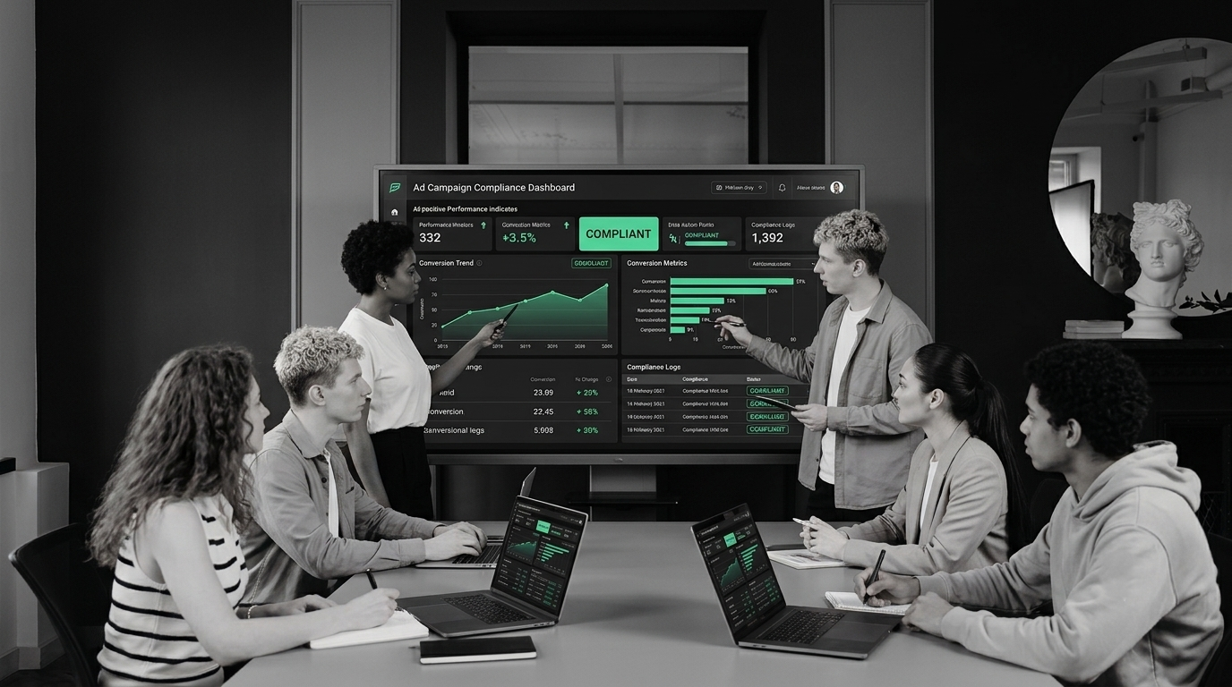 Fintech marketing team reviewing compliant ad campaign performance dashboards