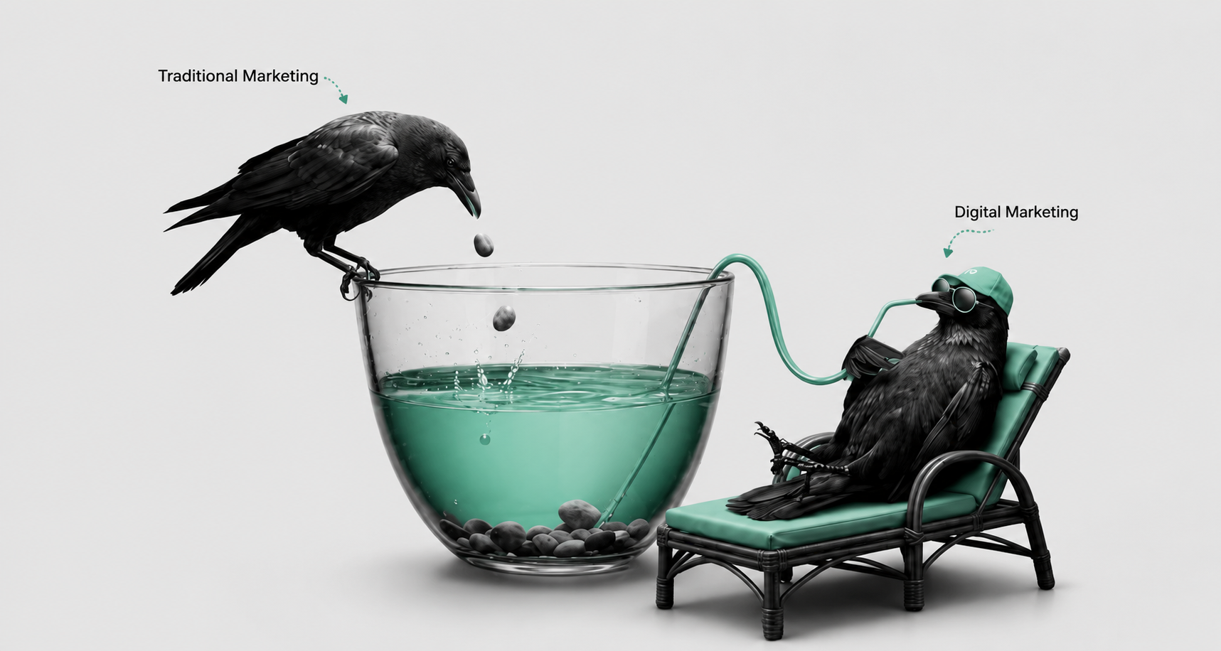 Traditional marketing vs digital marketing shown as one crow working hard for water, another relaxing with a straw