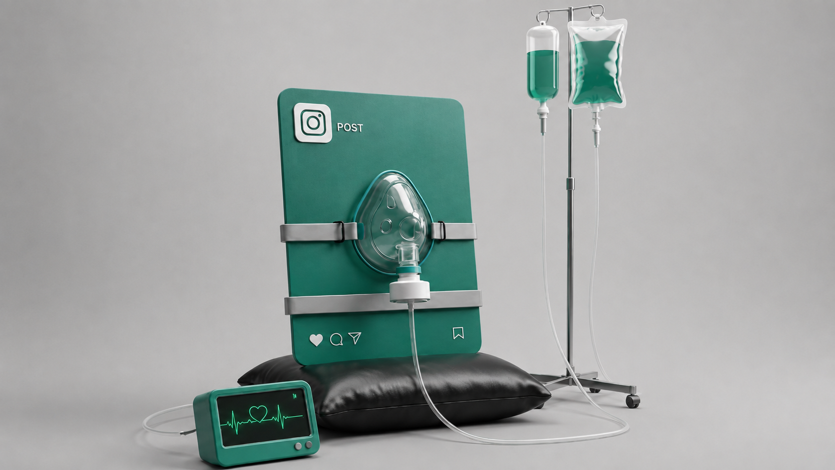 Conceptual 3D render of an Instagram post styled as a hospital patient — oxygen mask, IV drips and heart monitor in teal — representing healthcare marketing 